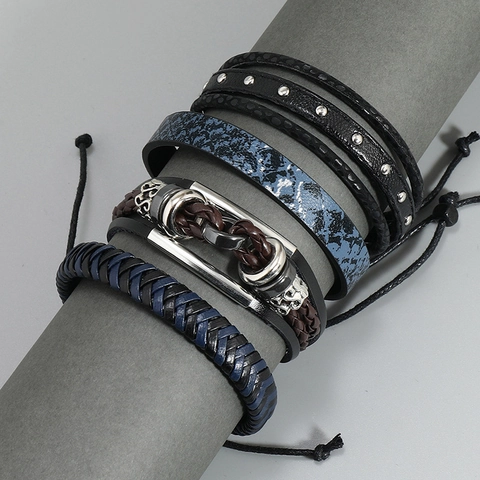 Bracciale in Pelle Multistrato da Uomo Collezione Cordino Cerato in PU Trecciato Lega Borchia Simbolo Infinito Gioielli Punk Rock