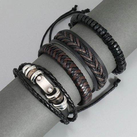 Herren Vintage Punk Geflochtenes Kunstleder Armband Set Handgefertigte Wachsschnur Holzperlen Mehrlagiger Wickelarmreif Schmuck