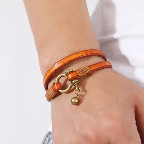 Vintage Double Wrap Cowhide Leather Bracelet For Men Retro Horseshoe Buckle Alloy Charm Unisex Punk Style Wristband Jewelry