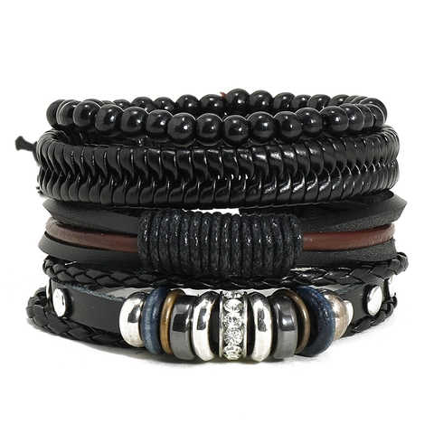Punk Retro Braided Artificial Leather Bracelet Multilayer Set For Men Women Adjustable Cord Bracelet With Rhinestone Alloy Charms Wood Beads Hand Jewelry