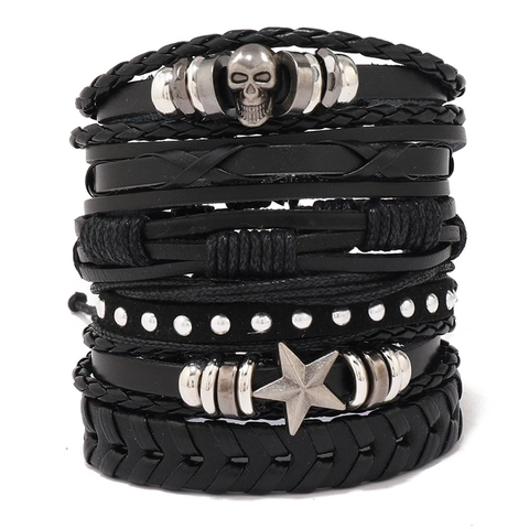 Vintage 6-Delig Heren Punk Schedel Ster Lederen Armband Set Geweven Meerlaags Verstelbaar Hip Hop Rock Sieraden