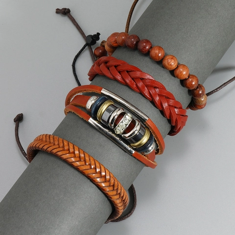 Vintage Mehrlagige Geflochtene Kunstleder Holzperlen Strass Armbänder Für Herren Damen Verstellbar Handmade Schmuck Accessoire