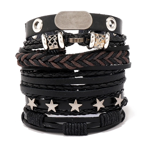Vintage Herren Punk Mehrlagiges Lederarmband Handgefertigt Geflochten Verstellbar Stern Legierung Wickelarmband Schmuck Geschenk