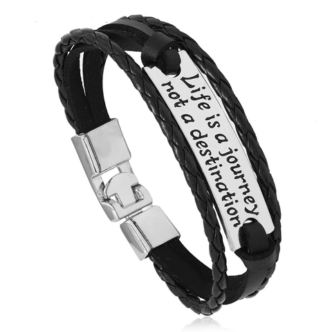 Herren Inspirierendes Zitat Lederarmband Mehrschichtig Geflochtenes Armband Life Is A Journey Legierung Armreif Schwarz Schmuck