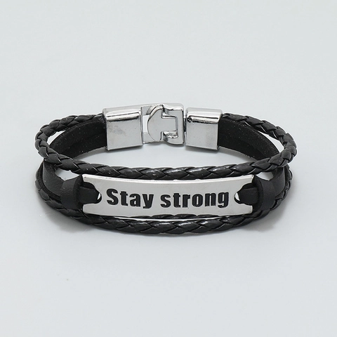 Pulsera Trenzada de Cuero PU para Hombre Placa de Aleación Grabada Stay Strong Punk Pulsera Multicapa Joyería de Moda Regalo para Hombre