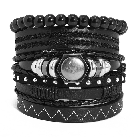 Punk Leder Armband Set Mehrlagige Geflochtene Wachsschnur Holzperlen Armbänder Mit Sechskant Metall Nieten Für Herren Damen Retro Rock Schmuck