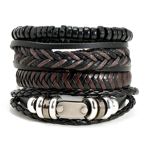 Herren Vintage Punk Geflochtenes Kunstleder Armband Set Handgefertigte Wachsschnur Holzperlen Mehrlagiger Wickelarmreif Schmuck