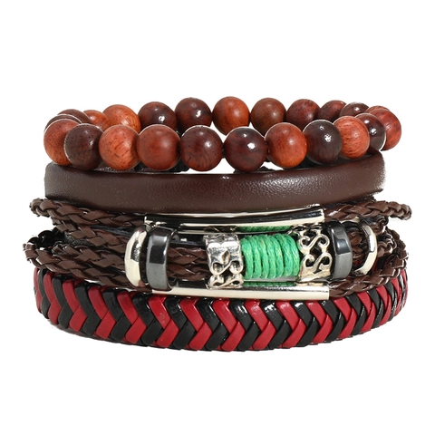 Lagenlook Geflochtene Armbänder Für Herren Damen Kunstleder Legierung Holzperlen Wachsschnur Retro Punk Schmuck Accessoire