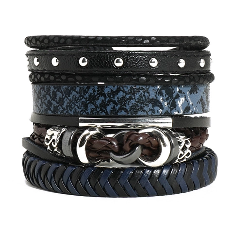 Bracciale in Pelle Multistrato da Uomo Collezione Cordino Cerato in PU Trecciato Lega Borchia Simbolo Infinito Gioielli Punk Rock