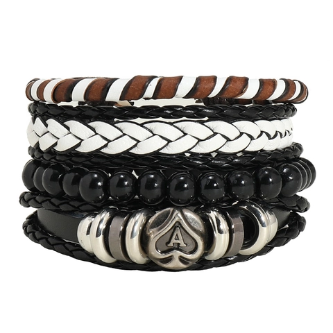 Herren Mehrschichtiges Geflochtenes Kunstleder Armband Set Vintage Punk Pik-Ass Legierung Holzperlen Verstellbarer Schmuck