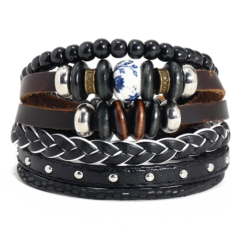 Set di Braccialetti Intrecciati Multistrato in Pelle Artificiale Vintage per Uomo Donna Stile Punk Borchie Lega Perline Legno Gioielli