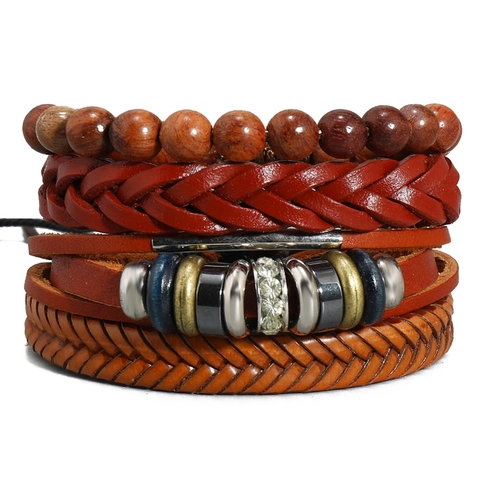 Vintage Mehrlagige Geflochtene Kunstleder Holzperlen Strass Armbänder Für Herren Damen Verstellbar Handmade Schmuck Accessoire