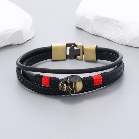 Bohemian Vintage Multilayer Leather Bracelet For Men Women Punk Gothic Skull Charm Alloy Clasp Hand Woven Jewelry Gift