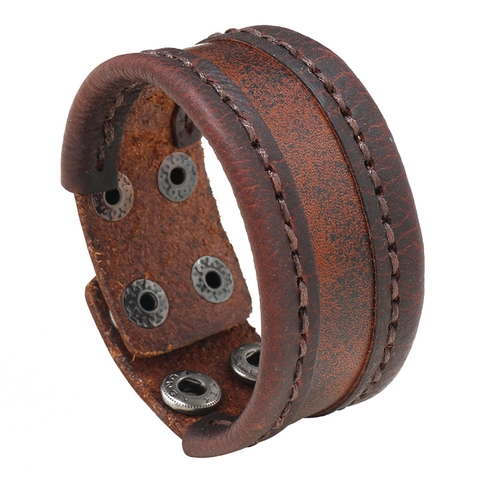 Bracelet en Cuir de Vachette Vintage Cousu à la Main Punk Rock Large Jonc Avec Bouton Pression Ajustable Bijoux Unisexe Cadeau