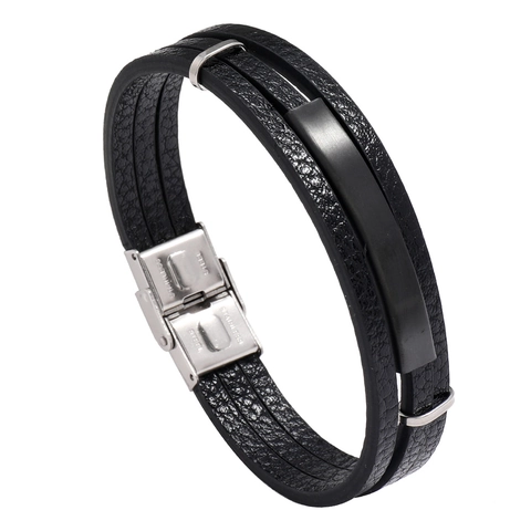 Men's Multilayer PU Leather Bracelet Stainless Steel Buckle Black Braided Cord Wristband Minimalist Fashion Jewelry For Men