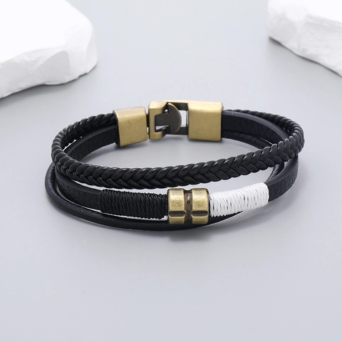 Bracciale da Uomo Multistrato in Pelle Artificiale Intrecciata Vintage Con Chiusura Magnetica in Lega Retro Punk Nero
