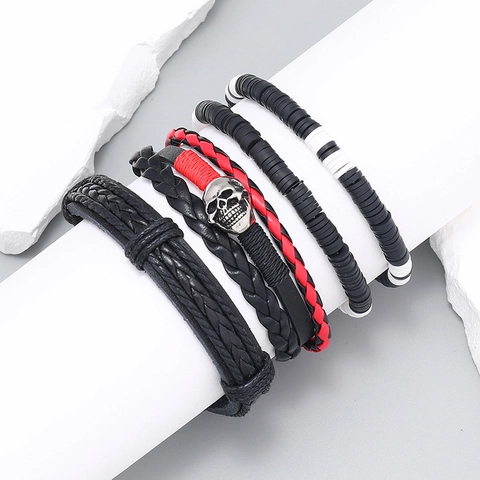 Set di Bracciali in Pelle Bohémien per Uomo Donna Stile Punk con Teschi Cordino Cerato Intrecciato Multistrato Retrò Gioielli