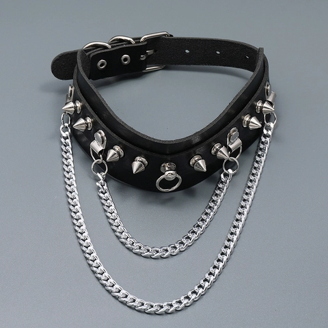 Collana Choker Gotica In Pelle Per Donna Collare In Pelle Sintetica Nera Con Rivetti Argentati E Doppia Catena Gioielli