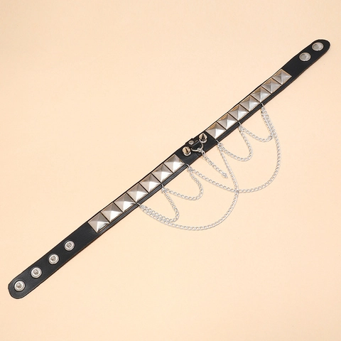 Punk Rock Gothic Schwarz PU Leder Halsband Kette Für Damen Mit Silbernen Metallnieten Und Mehrlagiger Kette Mode Schmuck