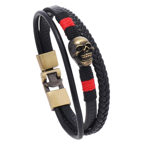 Bohemian Vintage Multilayer Leather Bracelet For Men Women Punk Gothic Skull Charm Alloy Clasp Hand Woven Jewelry Gift