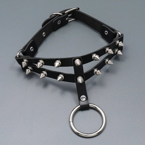 Punk Spikes Kunstleder Choker Halskette Mit Großem Metall-O-Ring Verstellbar Gothic Rock Streetwear Halsband Für Damen