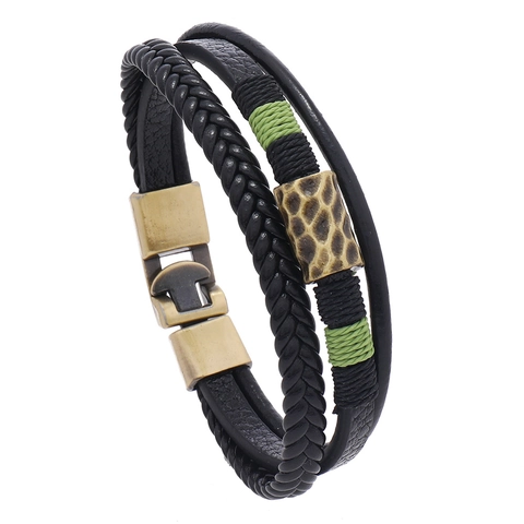 Bracciale Vintage in Pelle Artificiale Intrecciata Multistrato per Uomo Donna Lega Martellata Stile Punk Gioielli a Mano