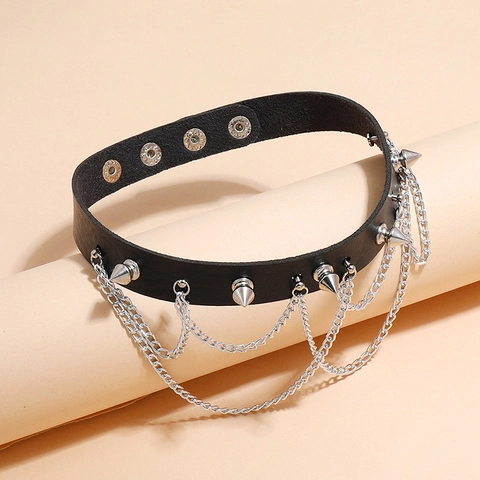 Punk Rock Gothic Black PU Leather Choker Necklace For Women Silver Rivets Spikes Multi Layer Metal Chain Fashion Jewelry
