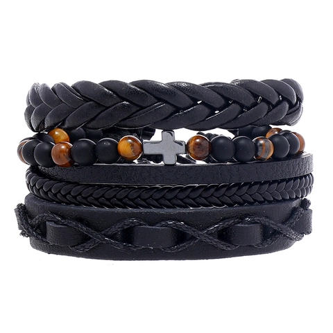 Bracciale da Uomo Vintage Multistrato in Pelle Intrecciato a Mano Cordino Nero Croce Ciondolo Pietra Occhio di Tigre Gioielli