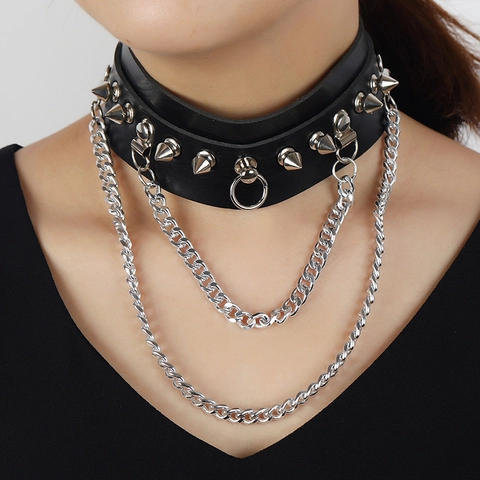 Collana Choker Gotica In Pelle Per Donna Collare In Pelle Sintetica Nera Con Rivetti Argentati E Doppia Catena Gioielli