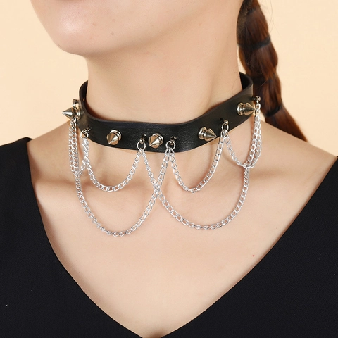 Punk Rock Gothic Black PU Leather Choker Necklace For Women Silver Rivets Spikes Multi Layer Metal Chain Fashion Jewelry
