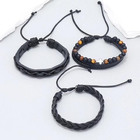 Bracciale da Uomo Vintage Multistrato in Pelle Intrecciato a Mano Cordino Nero Croce Ciondolo Pietra Occhio di Tigre Gioielli