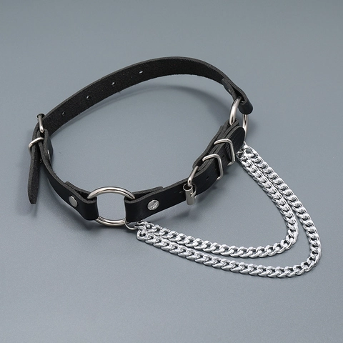 Punk Gothic Zwart Kunstleer Choker Met Gelaagde Aluminium Ketting Metalen Ring Verstelbare Sleutelbeenhalsketting Sieraden