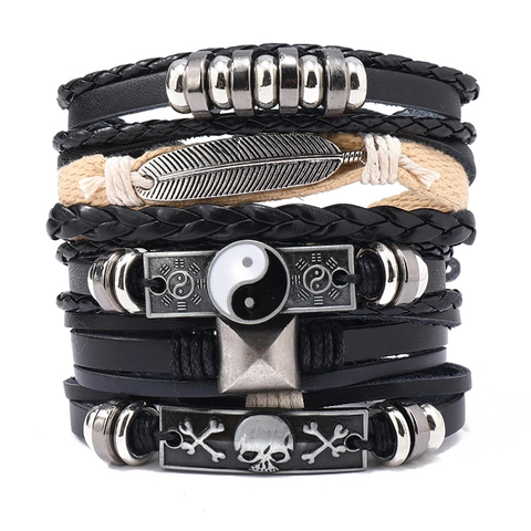Bracciale in Pelle Vintage Multistrato Uomo Tessuto a Mano Piuma Teschio Tai Chi Punk Ciondoli Donna Gioielli Retrò Regalo
