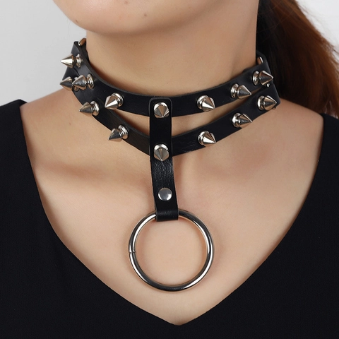 Punk Spikes Kunstleder Choker Halskette Mit Großem Metall-O-Ring Verstellbar Gothic Rock Streetwear Halsband Für Damen