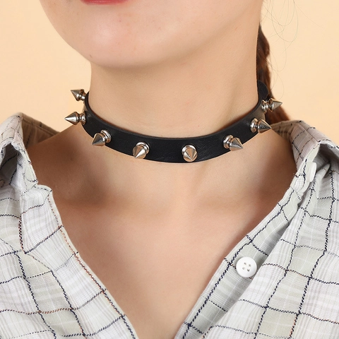 Punk Black Leather Choker Necklace With Silver Metal Cone Spikes Adjustable Goth Rock Style Fashion Accessory For Women