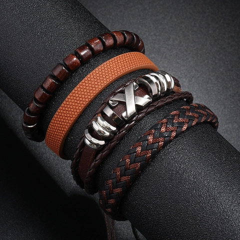 Vintage Men Multi-layer Synthetic Leather Bracelet Handmade Braided Cord Wood Beads Adjustable Charm Wrap Jewelry Gift
