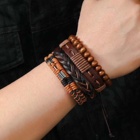 Men's Vintage Multilayer Faux Leather Bracelet Set Hand-Woven Wax Cord Arrow Alloy Charm Wooden Bead Bohemian Style Bracelets