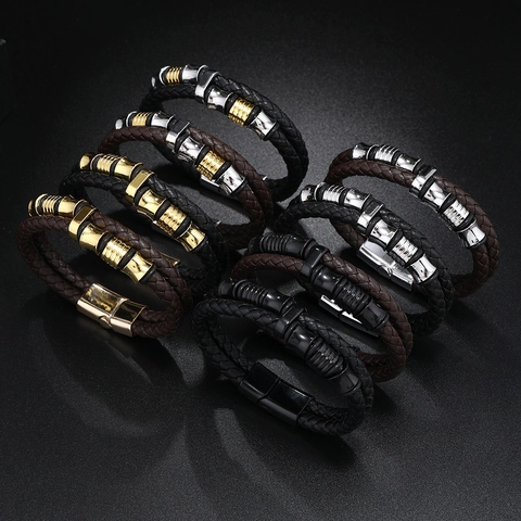 Bracelet Homme Punk en Similicuir Tressé Multicouche Avec Fermoir Magnétique en Alliage Bijoux Style Industriel Minimaliste