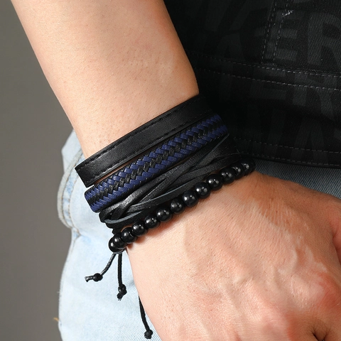 Bracciale Multistrato Vintage da Uomo in Ecopelle Tessuto a Mano Stile Punk Regolabile Cinturino Gioielli per Uso Quotidiano