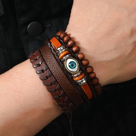 Retro Multi-layer Leather Bracelet Hand-woven Wood Beads Evil Eye Charm Bohemian Style Fashion Jewelry Wristband For Men Women