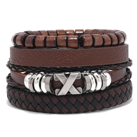Retro Synthetic Leather Multi-Layer Braided Bracelet Set For Men Women Unisex Alloy Wood Beads Wax Cord Wrap Handmade Jewelry