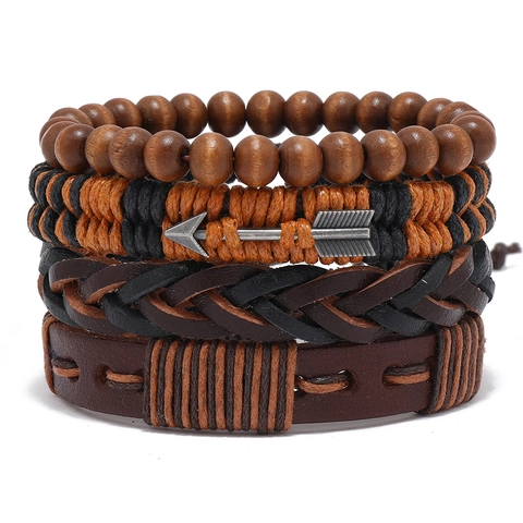 Men's Vintage Multilayer Faux Leather Bracelet Set Hand-Woven Wax Cord Arrow Alloy Charm Wooden Bead Bohemian Style Bracelets