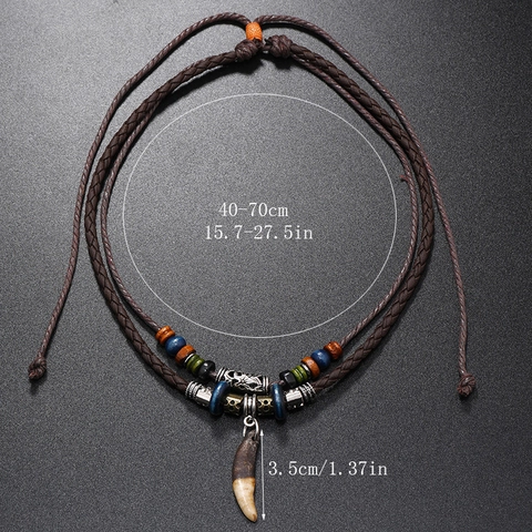 Men Vintage Ethnic Faux Leather Layered Necklace Handmade Braided Cord With Faux Wolf Tooth Pendant Wood Beads Jewelry