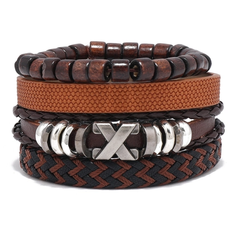 Vintage Men Multi-layer Synthetic Leather Bracelet Handmade Braided Cord Wood Beads Adjustable Charm Wrap Jewelry Gift