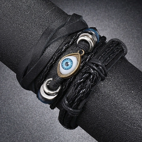 Pulsera de Cuero Tejida a Mano con Ojo Turco para Hombre Retro Punk Juego de Pulseras Ajustables Multicapa Joyería
