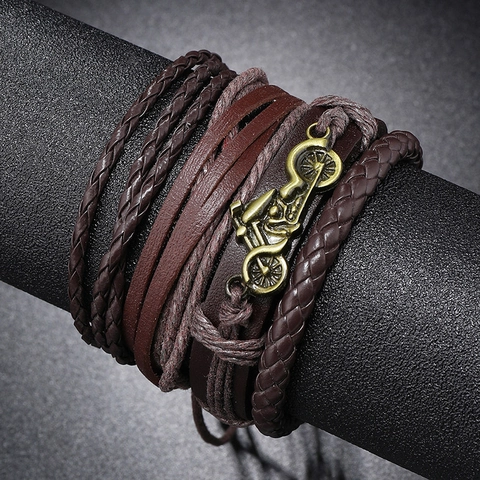 Retro Punk Motorcycle Rider Leather Bracelet Handwoven Multi Layer Wrap Bracelet Set Vintage Alloy Charm Biker Jewelry