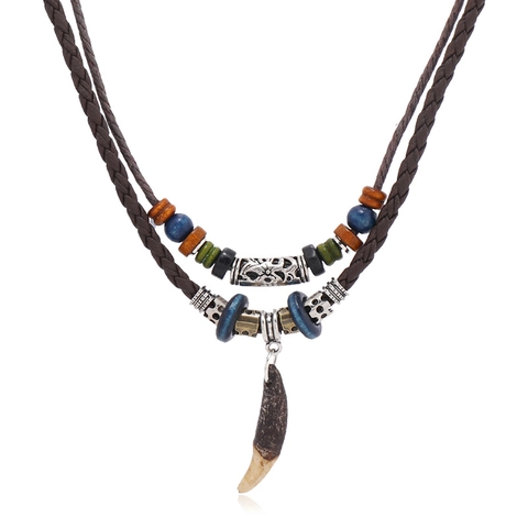 Men Vintage Ethnic Faux Leather Layered Necklace Handmade Braided Cord With Faux Wolf Tooth Pendant Wood Beads Jewelry
