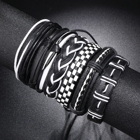 Mehrlagiges Geflochtenes Kunstleder Armband Set Punk Vintage Schwarz Weiß Schachbrett Verstellbares Kordel Armband Unisex Schmuck