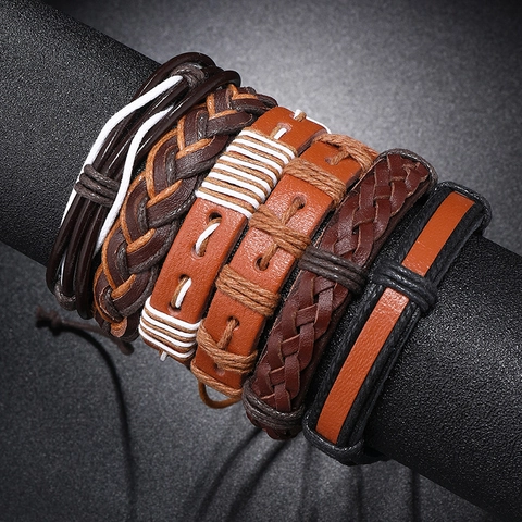 Vintage Mehrschichtiges Lederarmband Für Herren Handgewebt Verstellbare Kordel Punk Stil Retro Armreif Mode Schmuck Zubehör