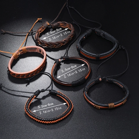 Men's Retro Multi-layer Hand-woven Artificial Leather Bracelet Punk Style Adjustable Wax Cord Wristband Fashion Jewelry Accessories
